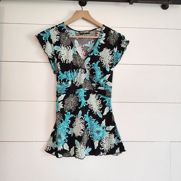 JTB Tops - Vtg Y2K Blue Black Floral Print V-Neck Tie Back Whimsi Babydoll Fairy Top Medium